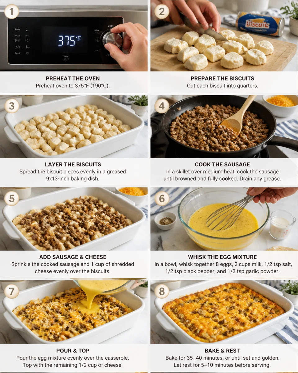Biscuit Breakfast Casserole with Sausage and Cheese