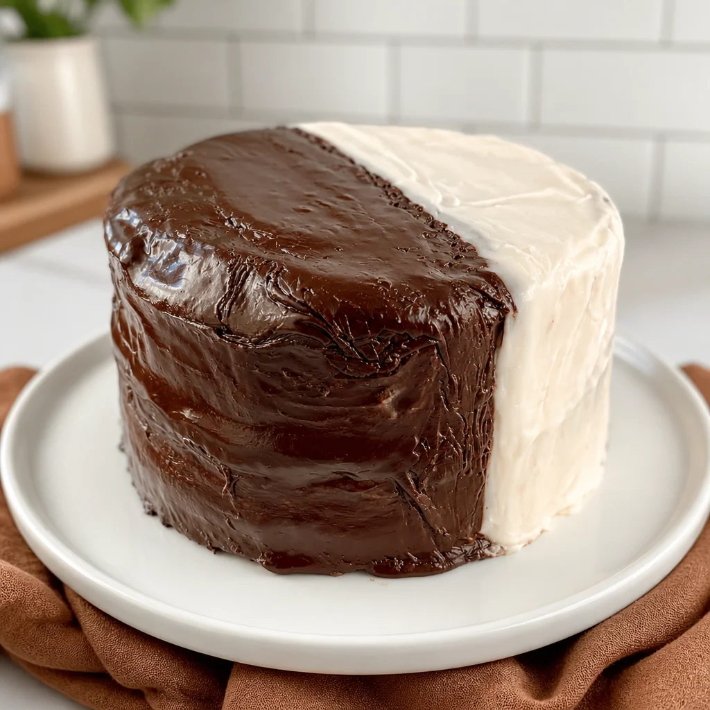 Delicious Black and White Cake with chocolate layers and vanilla frosting