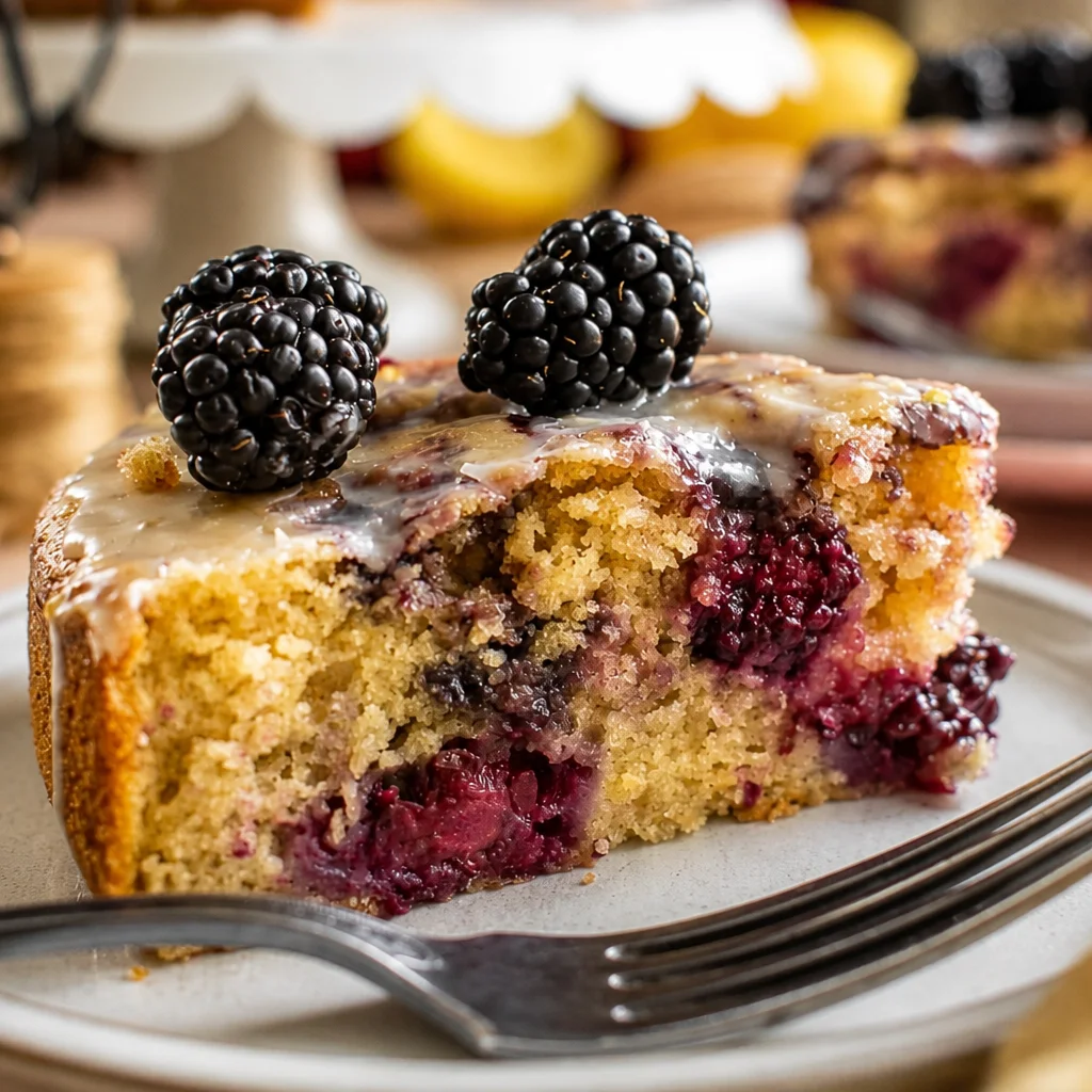 Blackberry Lemon Drizzle Cake topped with a sweet lemon glaze and fresh blackberries.