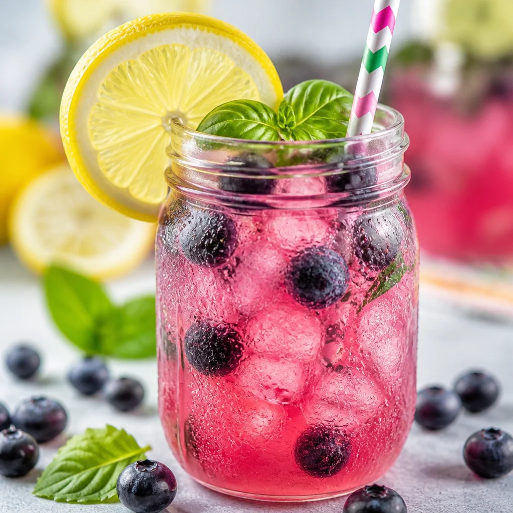 A refreshing glass of Blueberry Basil Lemonade garnished with basil leaves and blueberries.