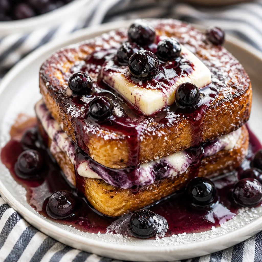 Blueberry Cream Cheese Stuffed French Toast topped with syrup and powdered sugar