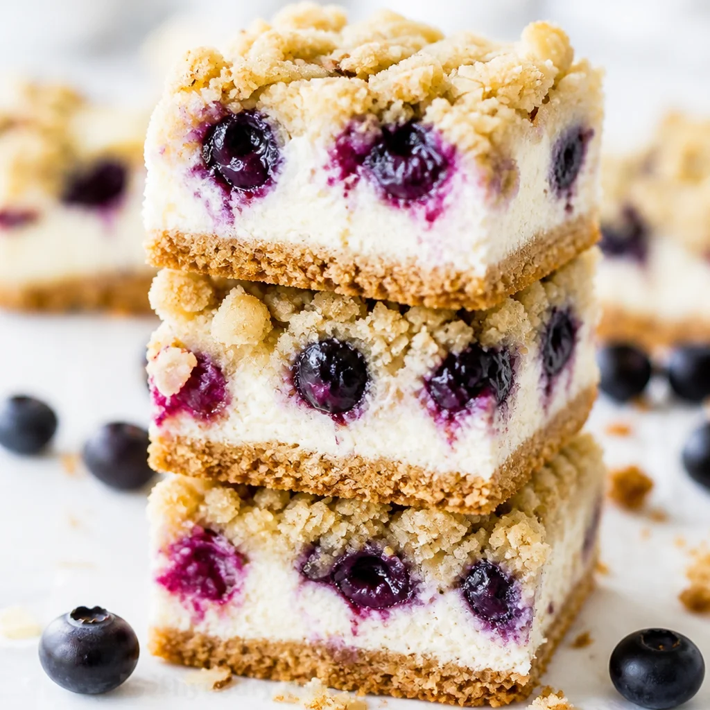 Blueberry Crumble Cheesecake Bars with buttery crust, creamy filling, and crumble topping.