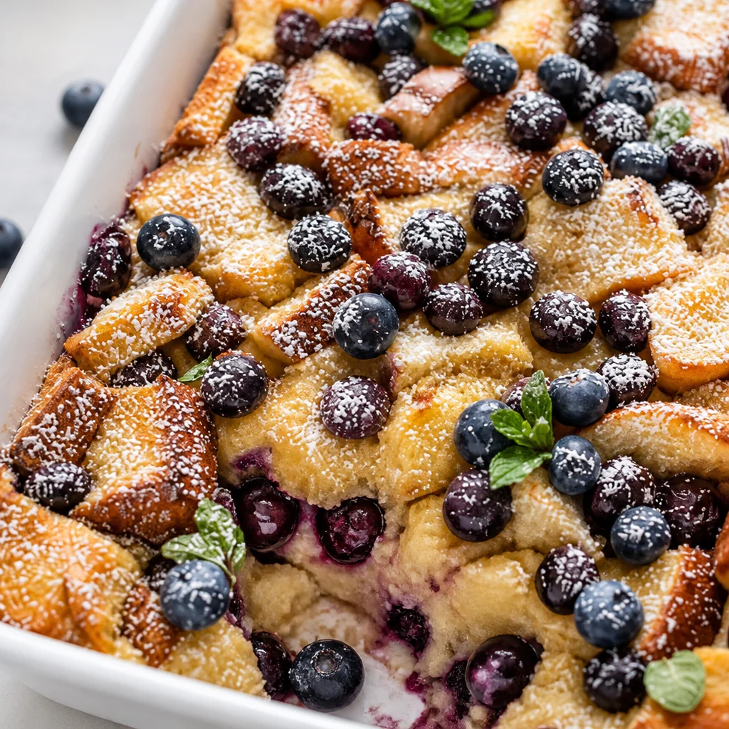Easy Blueberry French Toast Casserole with juicy blueberries and cinnamon flavor