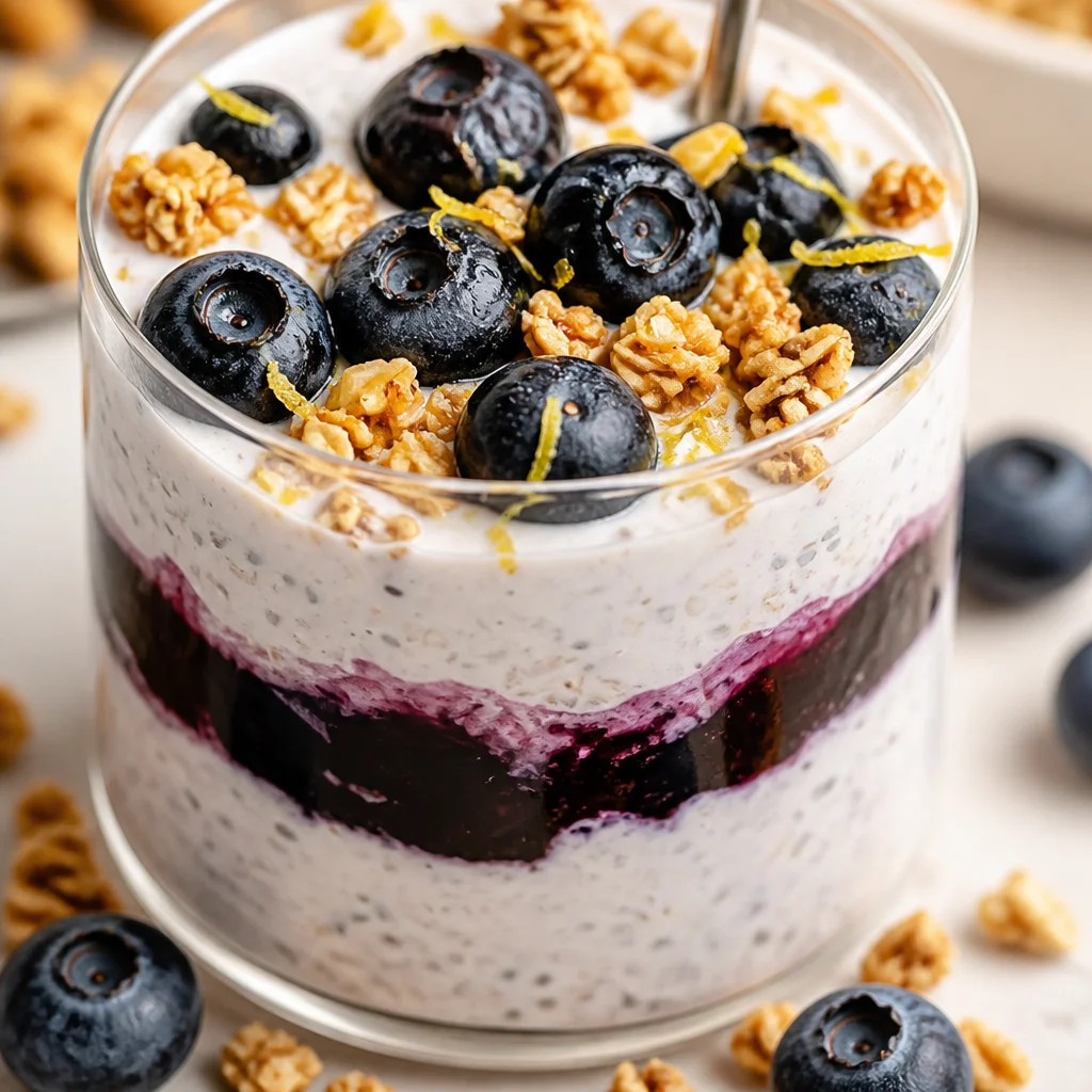 Creamy Blueberry Lemon Overnight Oats with fresh blueberries and lemon zest.