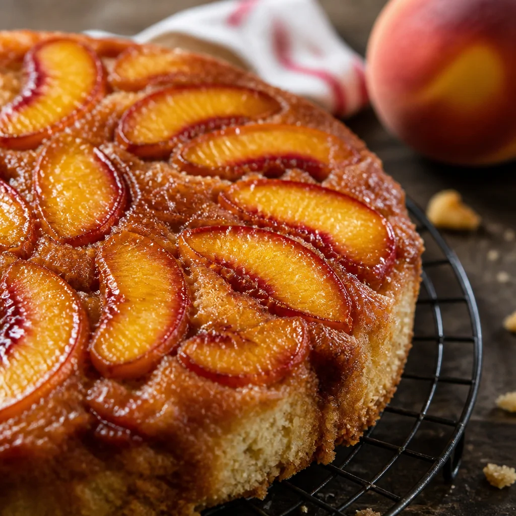Delicious Brown Butter Peach Upside Down Cake topped with caramelized peaches.
