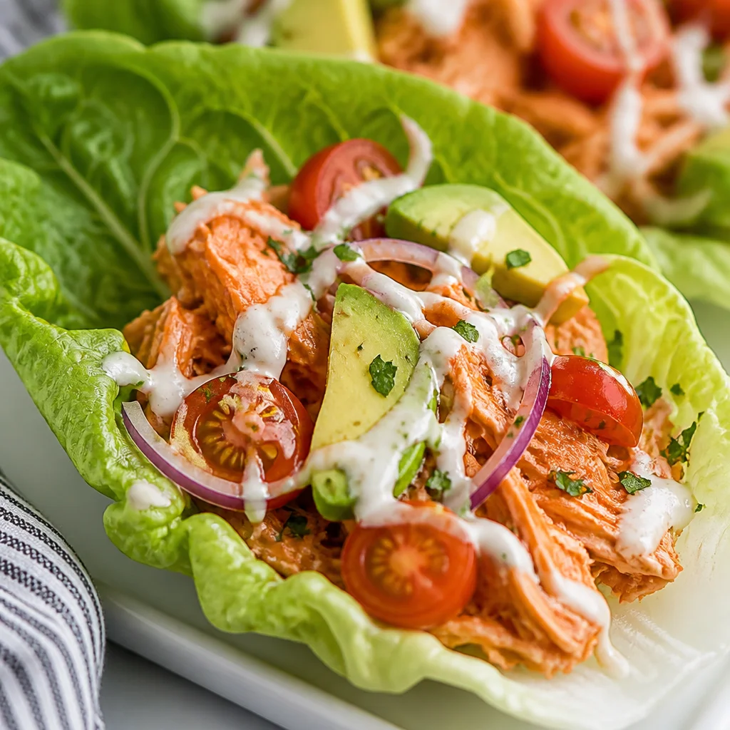 Delicious Buffalo Chicken Lettuce Wraps served with fresh vegetables in crispy lettuce leaves.