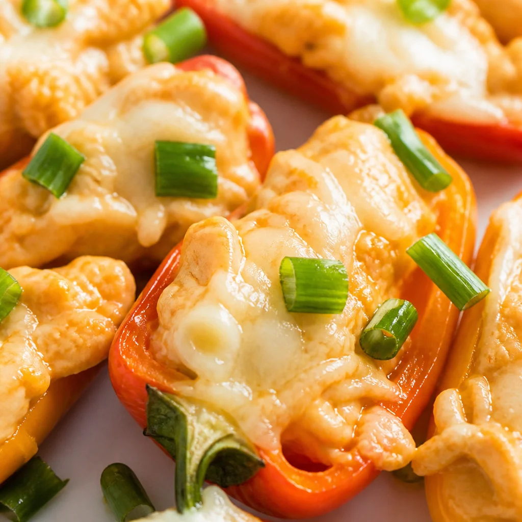 Buffalo Chicken Stuffed Mini Peppers filled with cream cheese and shredded chicken.