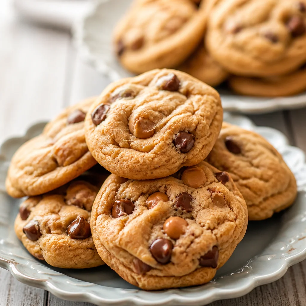 A plate of soft and chewy Butterscotch Pudding Cookies with butterscotch chips.