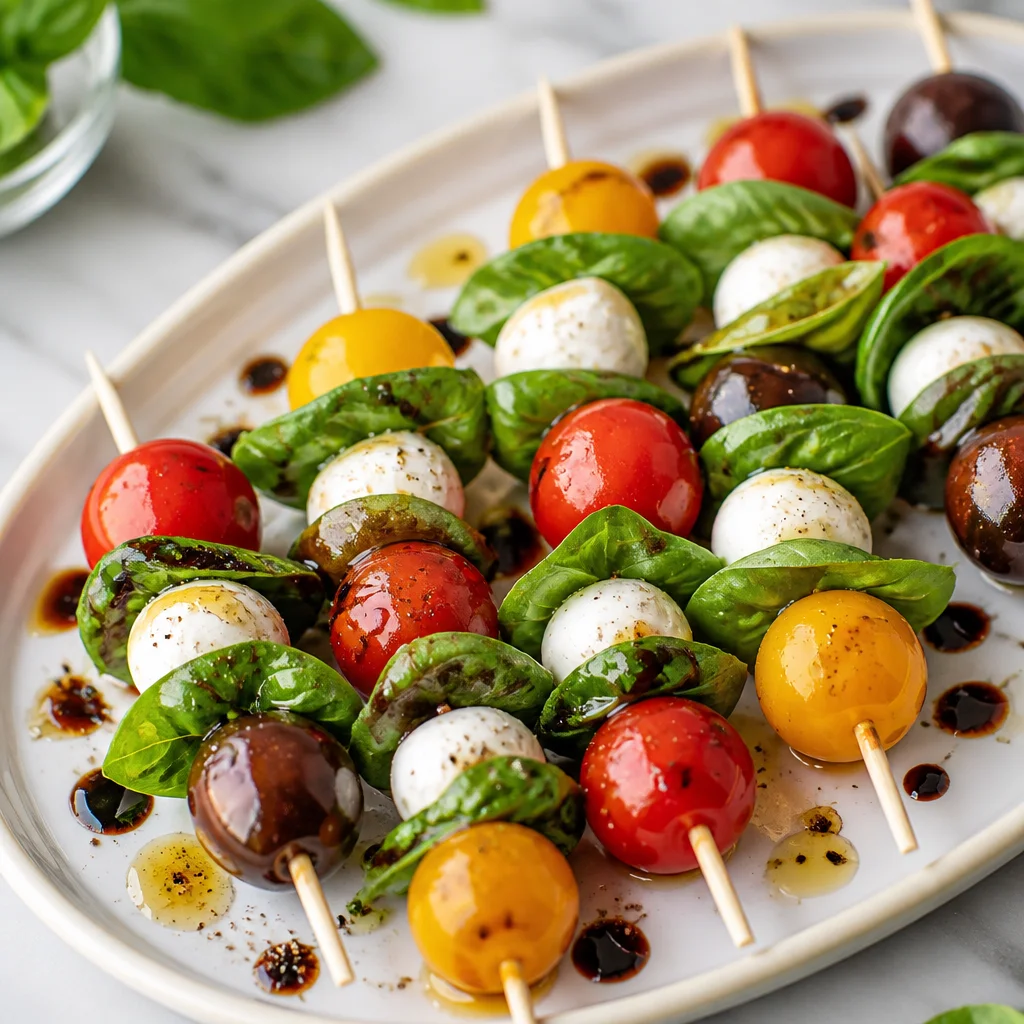 Colorful Caprese Bites on Skewers with tomatoes, mozzarella, basil, and balsamic drizzle