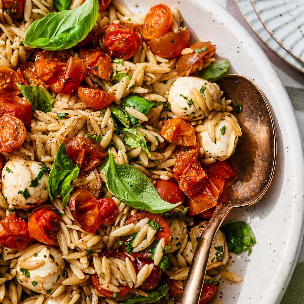 Vibrant Caprese Orzo Salad with fresh mozzarella, tomatoes, and basil