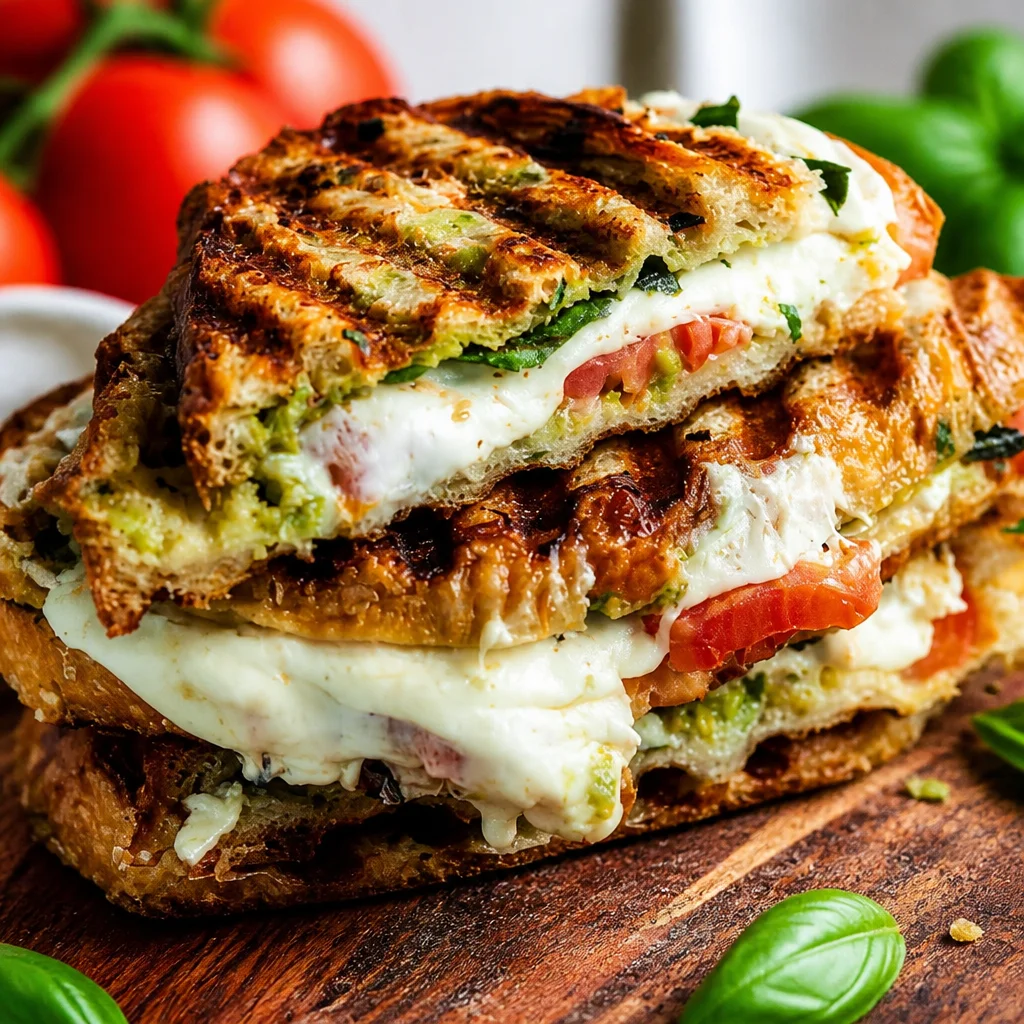 Delicious Caprese Panini with fresh mozzarella, tomatoes, and basil on crusty bread.