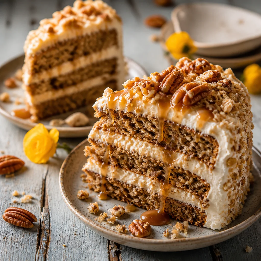 Decadent Caramel Pecan Layer Cake with rich frosting and toasted pecans.
