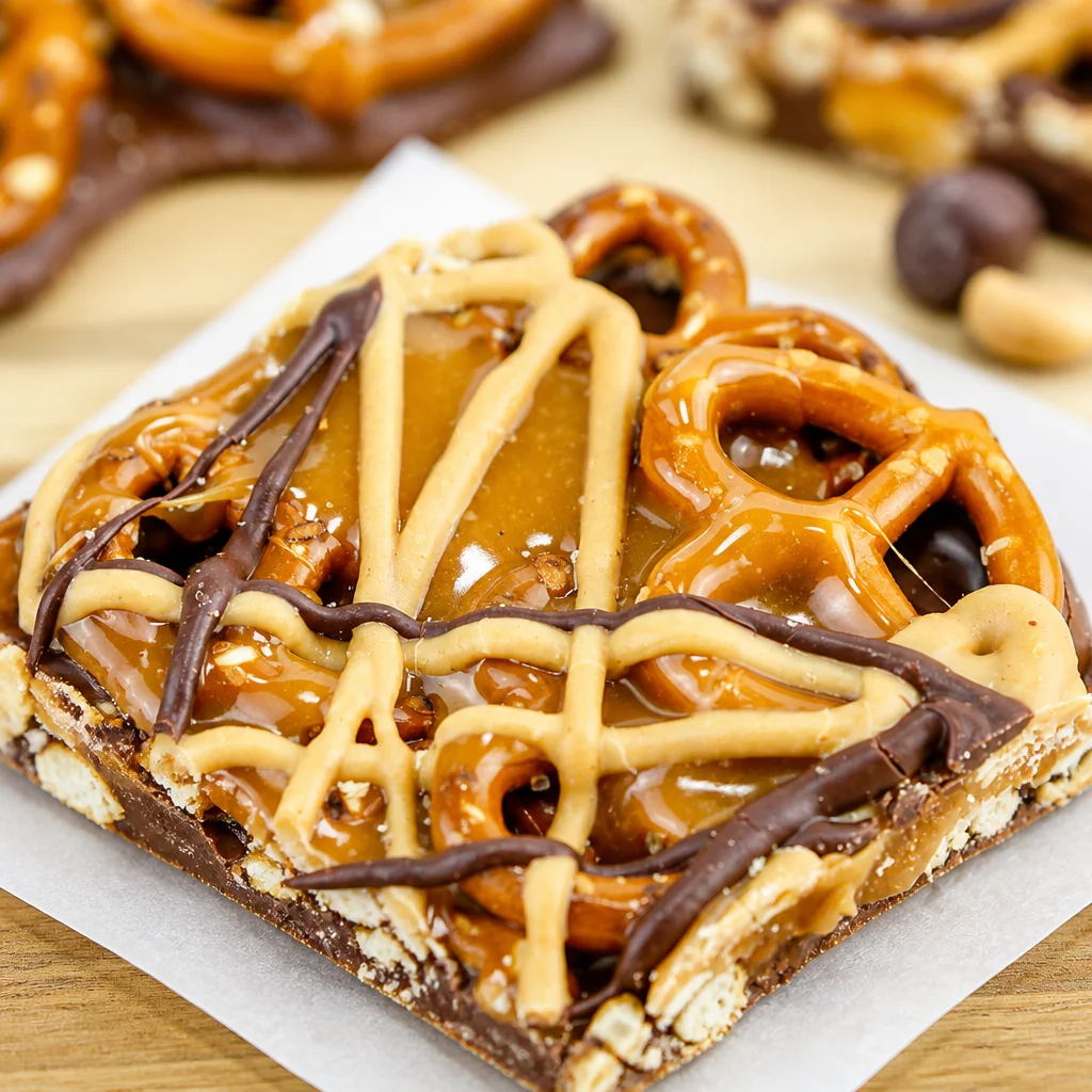 Delicious Caramel Pretzel Crack Bars topped with chocolate and sea salt.