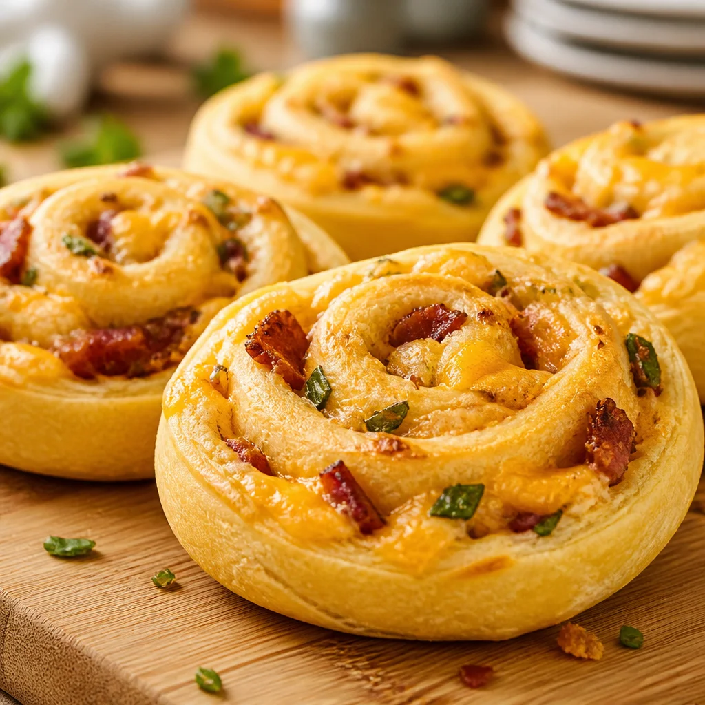 Cheddar Bacon Pinwheels filled with cream cheese, cheddar, and crispy bacon