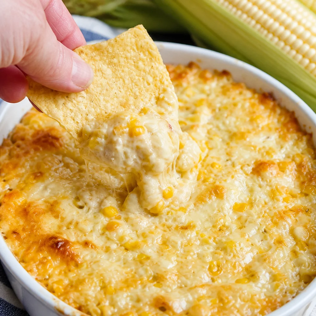 Cheesy hot corn dip with jalapeños and cheese served in a bowl.
