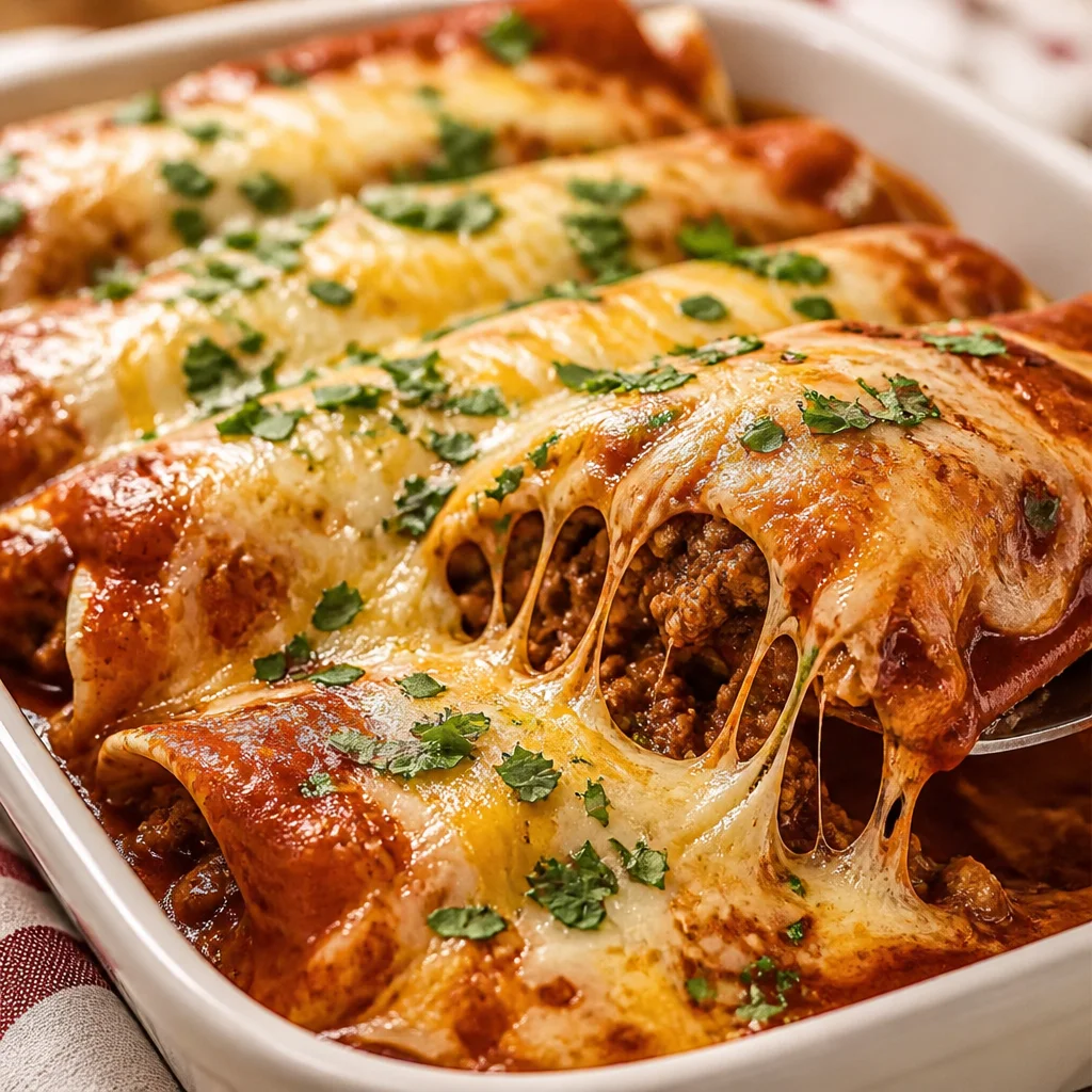 Cheesy Ground Beef Enchiladas topped with red sauce and melted cheese.