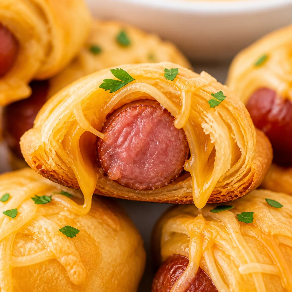 Cheesy Pigs in Crescent Dough, golden and cheesy mini sausages wrapped in flaky dough.