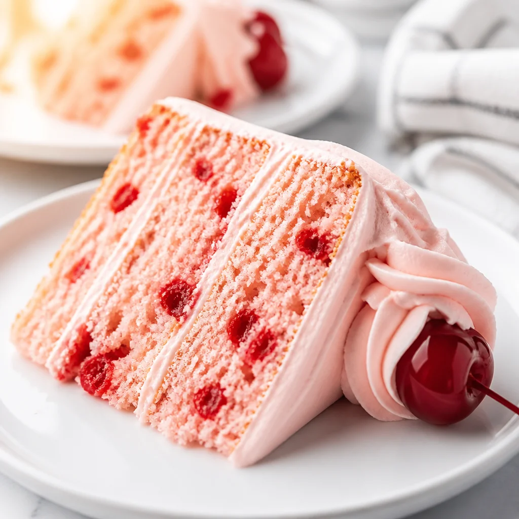 Delicious Cherry Chip Cake from Scratch with maraschino cherries and pink frosting.