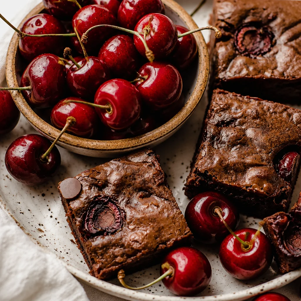 Delicious Cherry Garcia Brownies topped with chocolate chips and fresh cherries