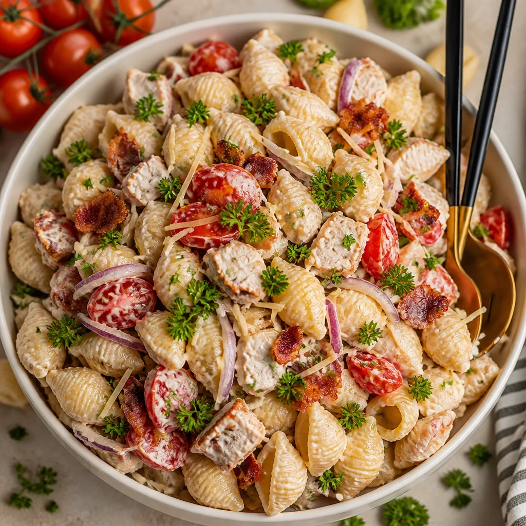Delicious Chicken Bacon Ranch Pasta Salad with chicken, bacon, veggies, and ranch dressing.