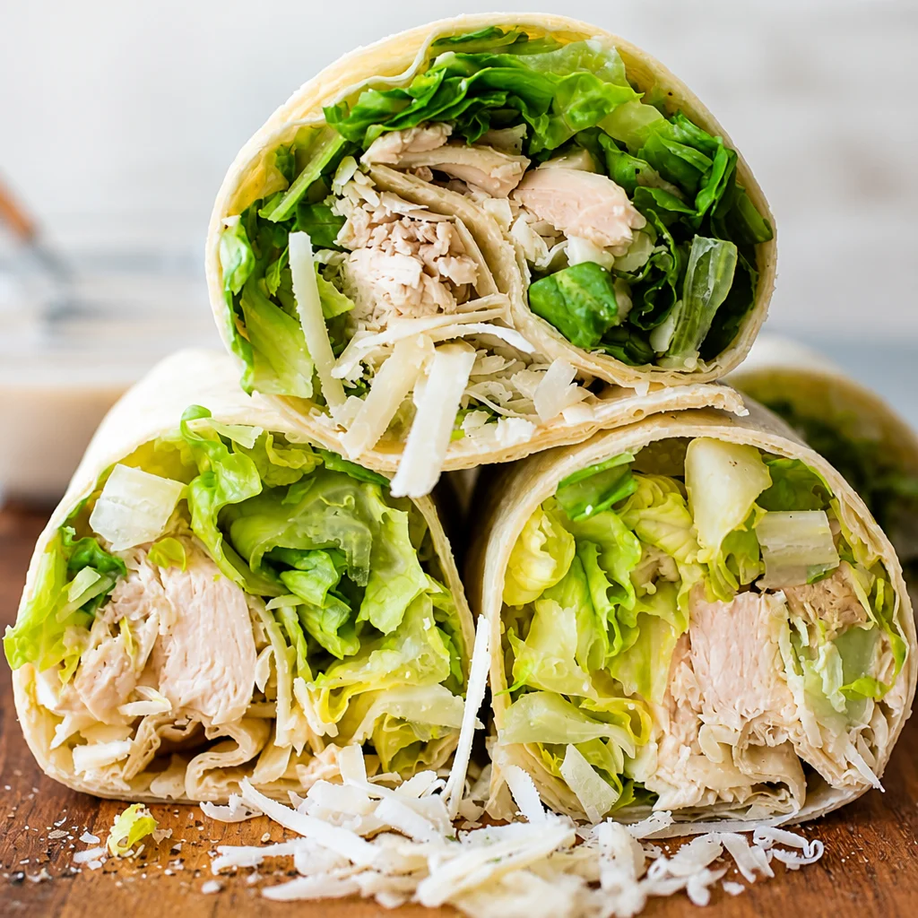 Delicious Chicken Caesar Wrap with Homemade Dressing and fresh ingredients.