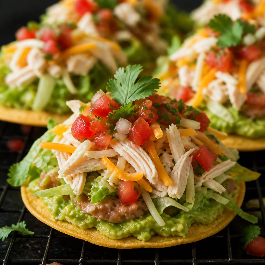 Delicious Chicken Tostadas with Refried Beans topped with cheese and tomatoes