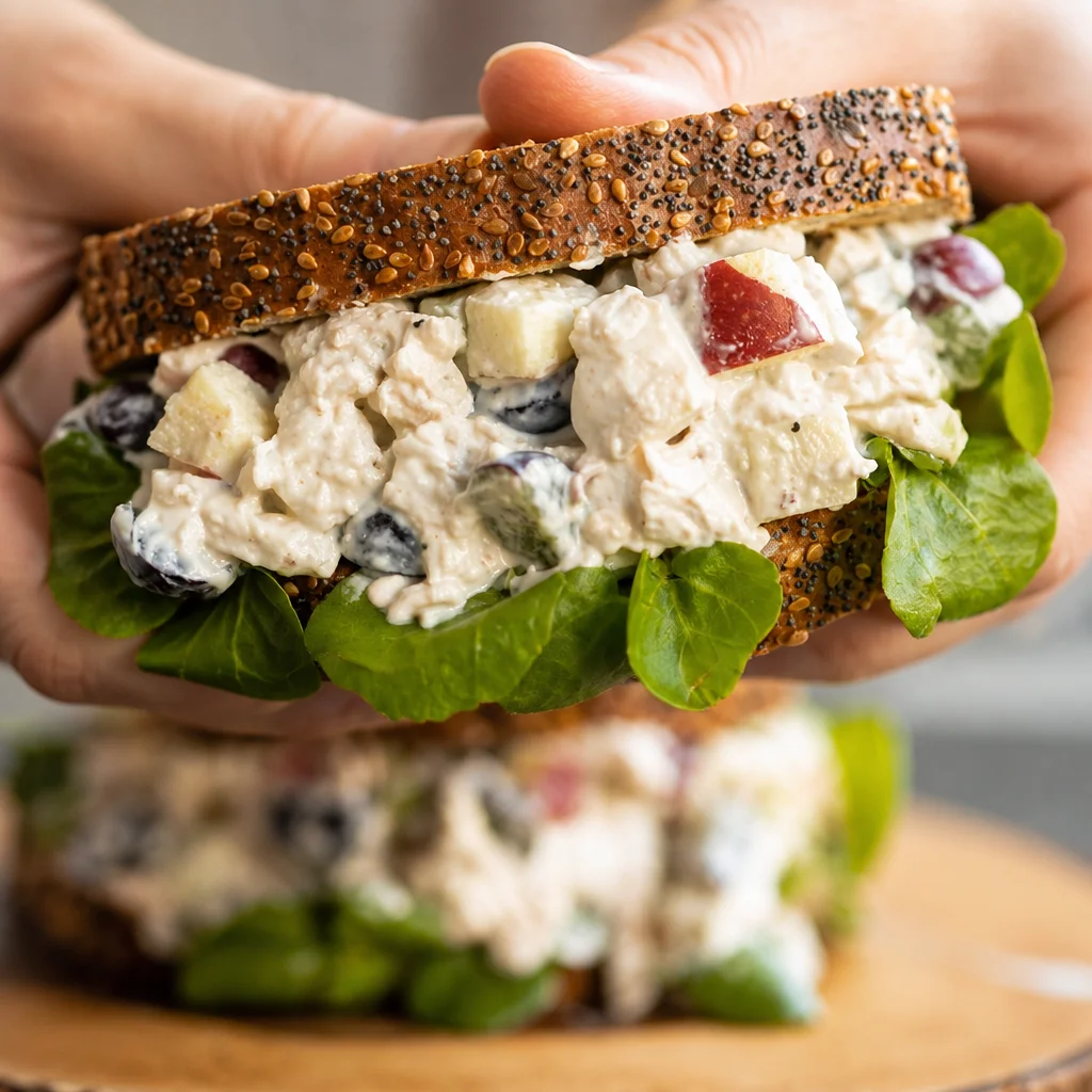 Delicious Chicken Waldorf Salad Sandwich with grapes, apples, and creamy dressing.