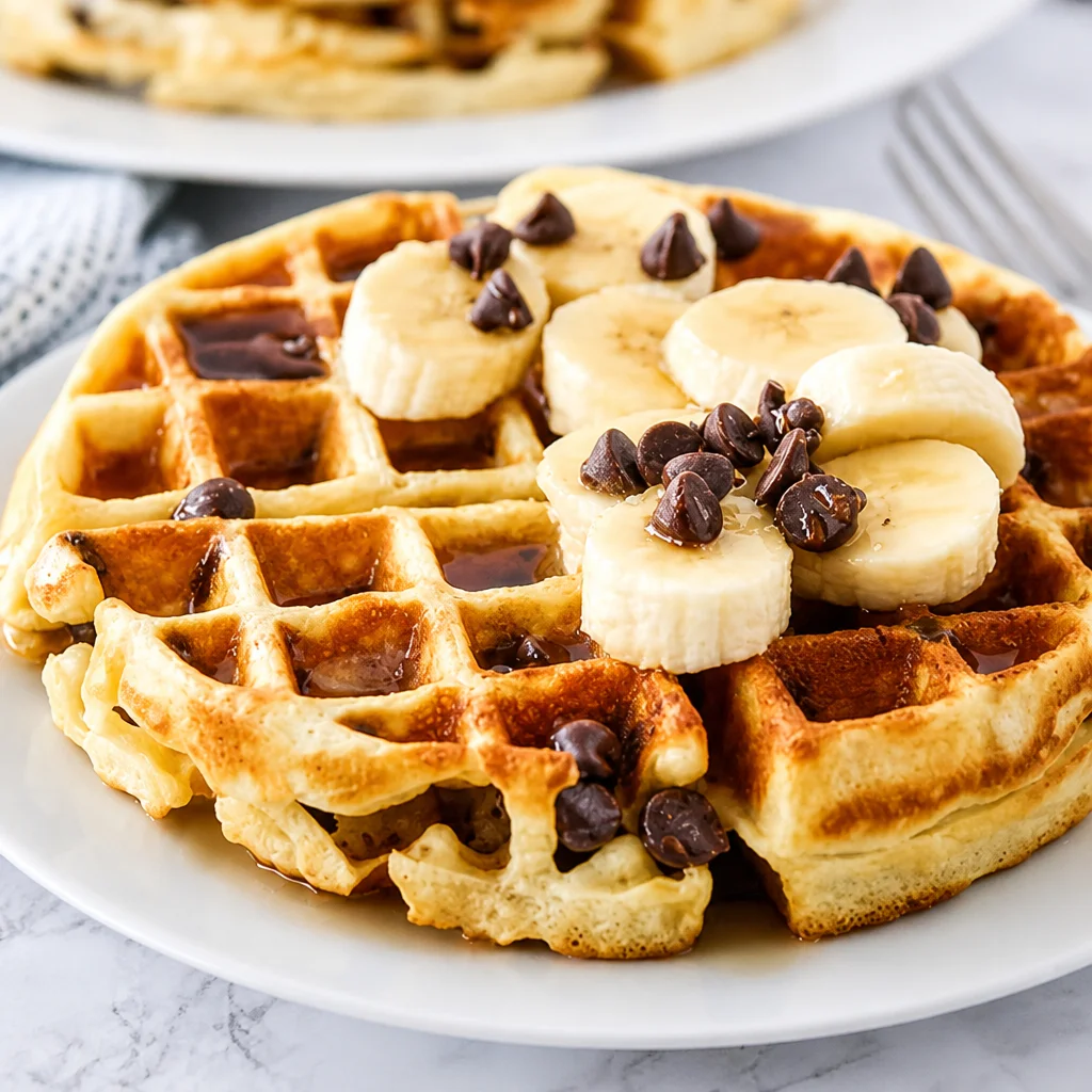 Fluffy homemade Chocolate Chip Waffles served with syrup and fresh toppings.