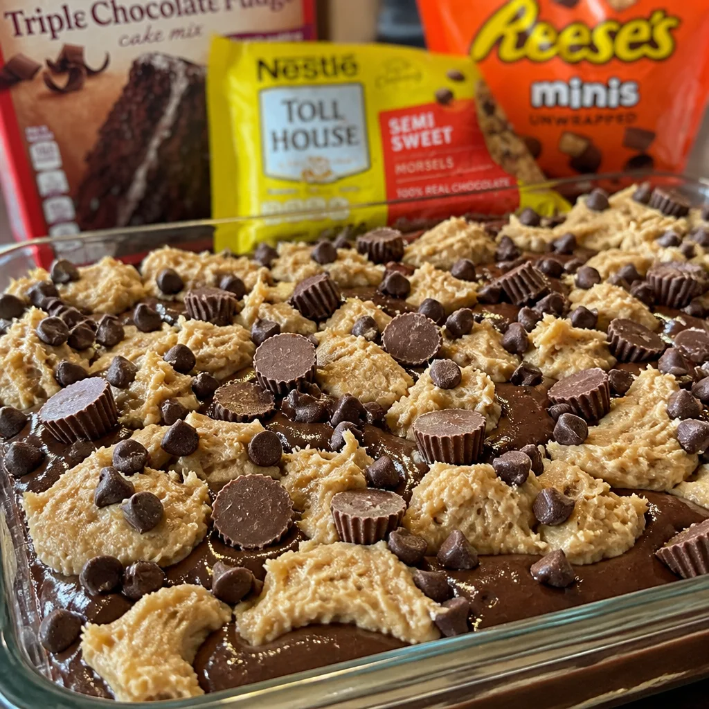 Delicious Chocolate Peanut Butter Earthquake Cake with gooey cheesecake and chocolate chips.