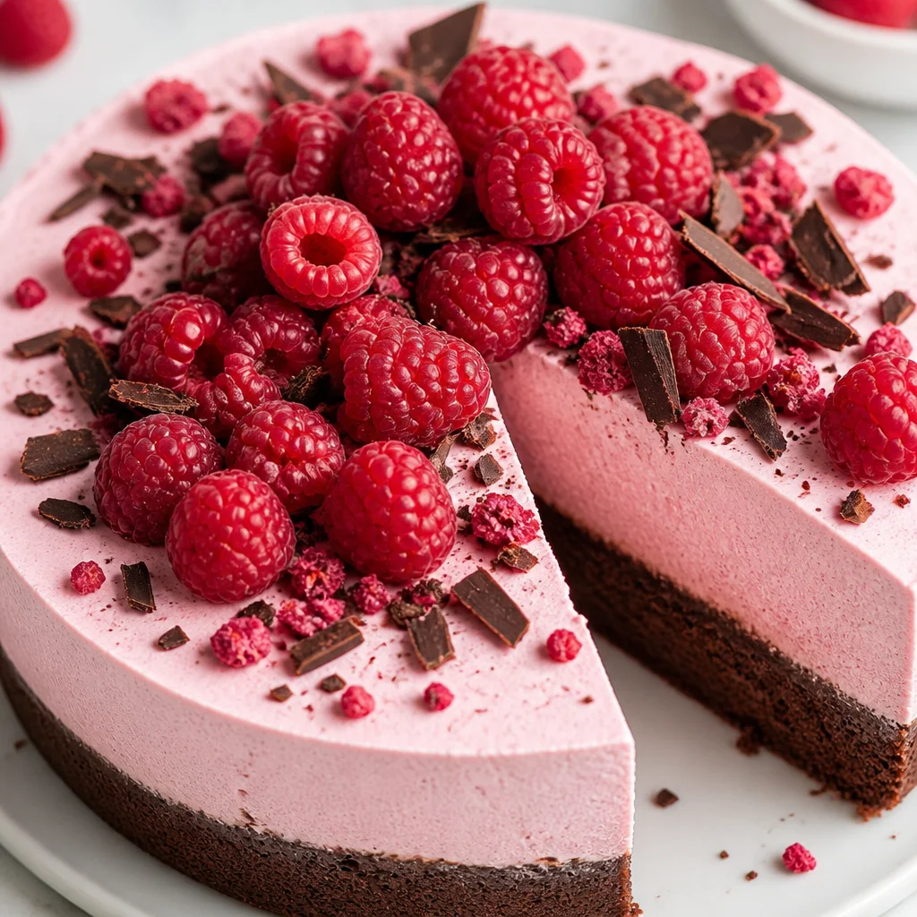 Chocolate Raspberry Mousse Cake with layers of chocolate and raspberry mousse topped with berries.