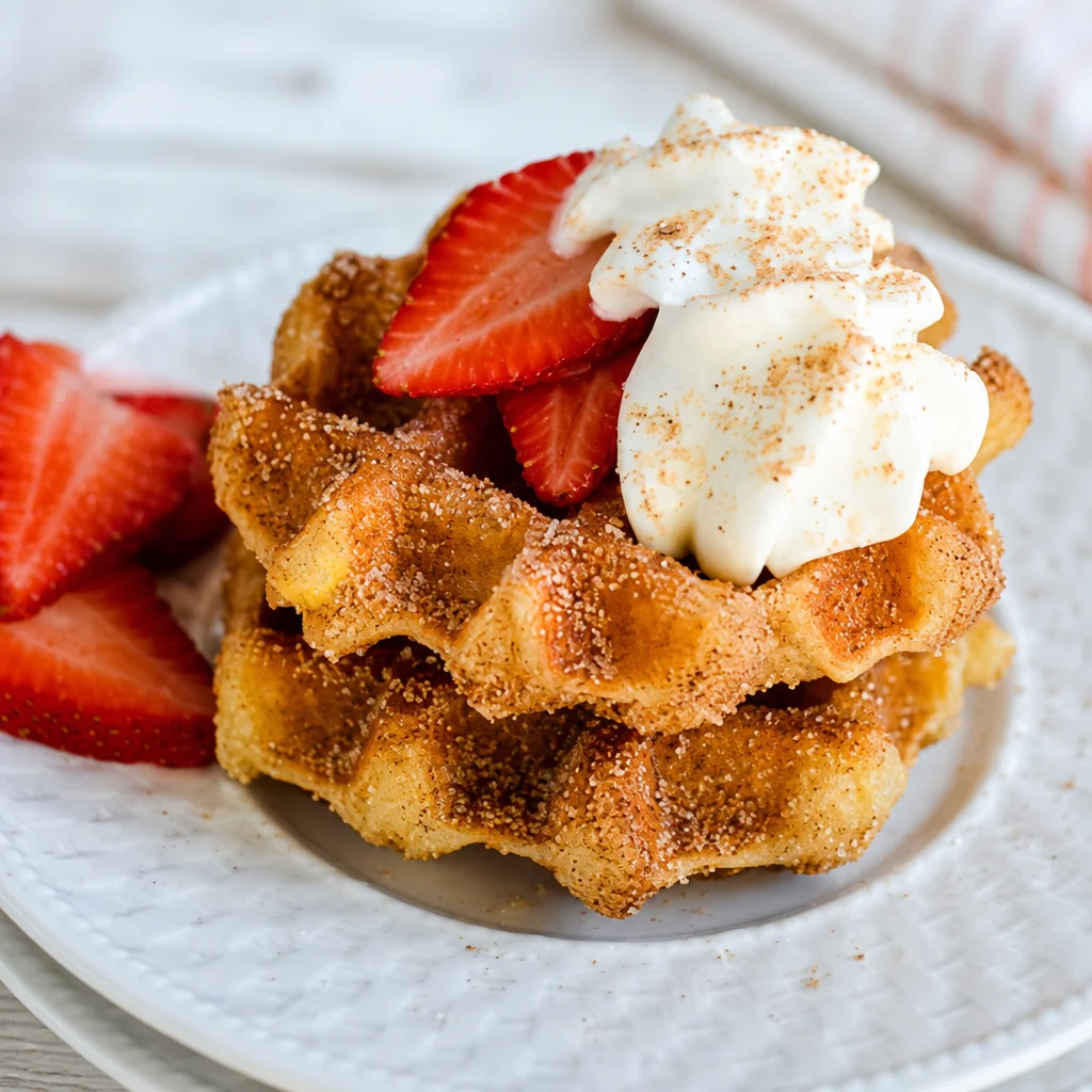 Delicious Churro Waffles coated in cinnamon sugar and served with chocolate sauce