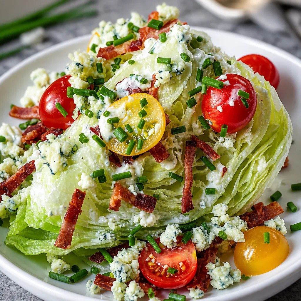 Classic wedge salad with blue cheese dressing, topped with crispy bacon and tomatoes.