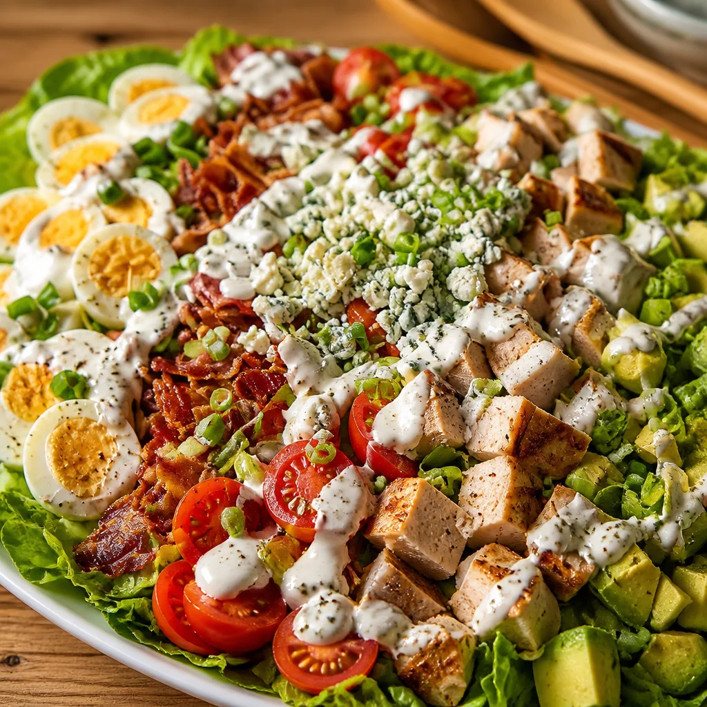 Cobb Salad with Blue Cheese Dressing topped with chicken, bacon, and fresh greens.