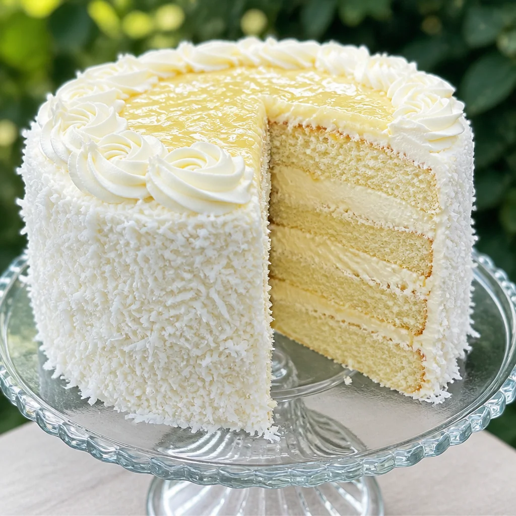 Slice of Coconut Cream Layer Cake with fluffy frosting and coconut shavings