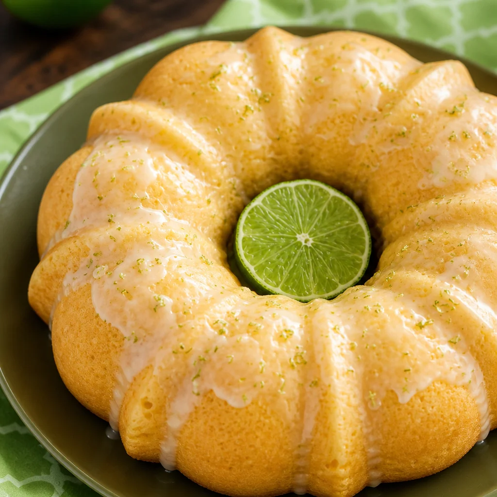 A slice of Coconut Lime Pound Cake with a delicious glaze, garnished with lime zest.