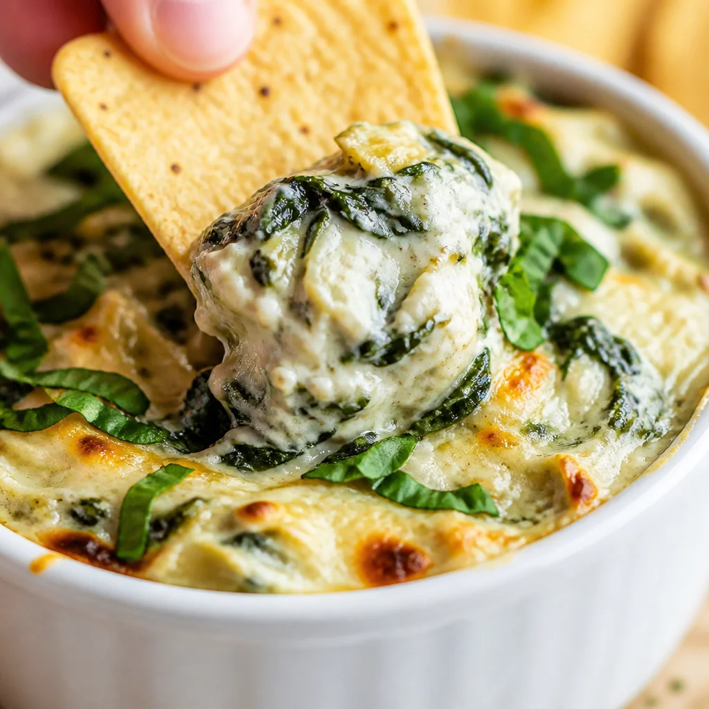 Creamy Copycat Applebee's Spinach and Artichoke Dip served in a bowl.