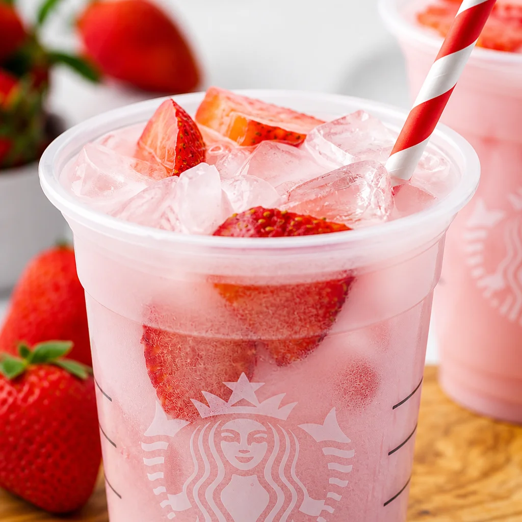 Homemade Copycat Starbucks Pink Drink with coconut milk and strawberries