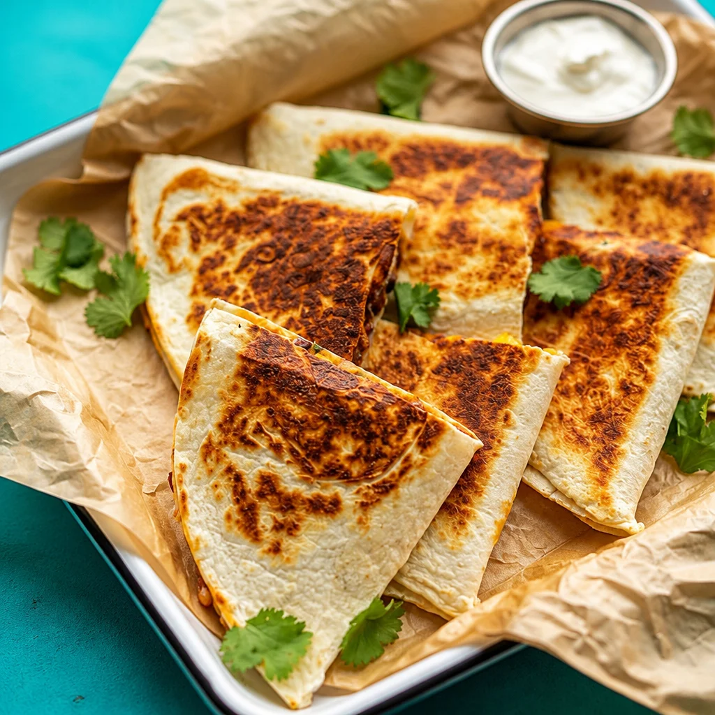 Corn and Black Bean Quesadillas filled with cheese, black beans, and spices.