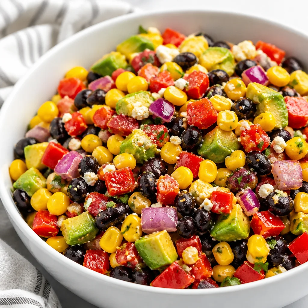 A colorful Corn and Black Bean Salad (Mexican Style) served in a bowl.