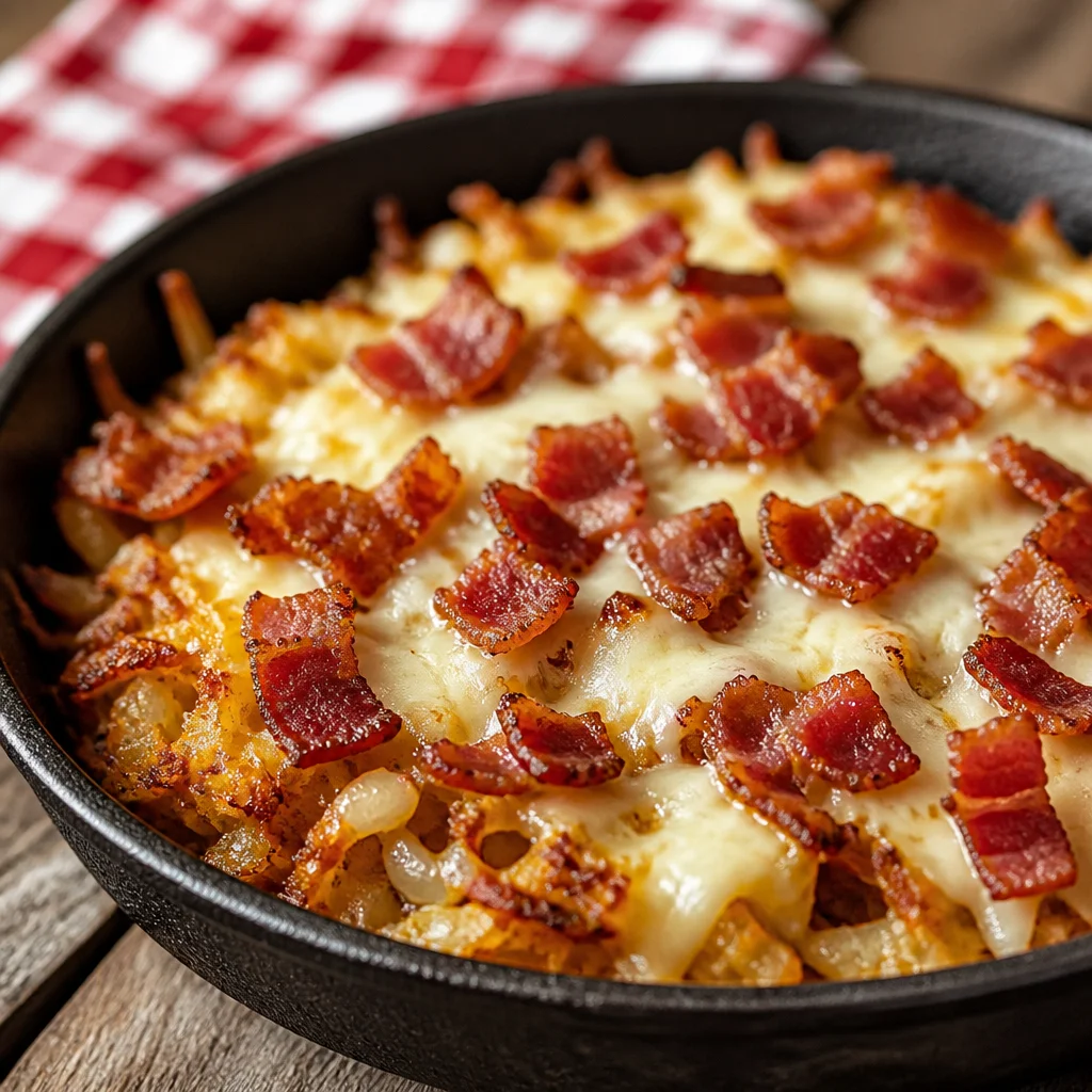 Hearty Cowboy Breakfast Skillet with bacon, eggs, potatoes, and cheese