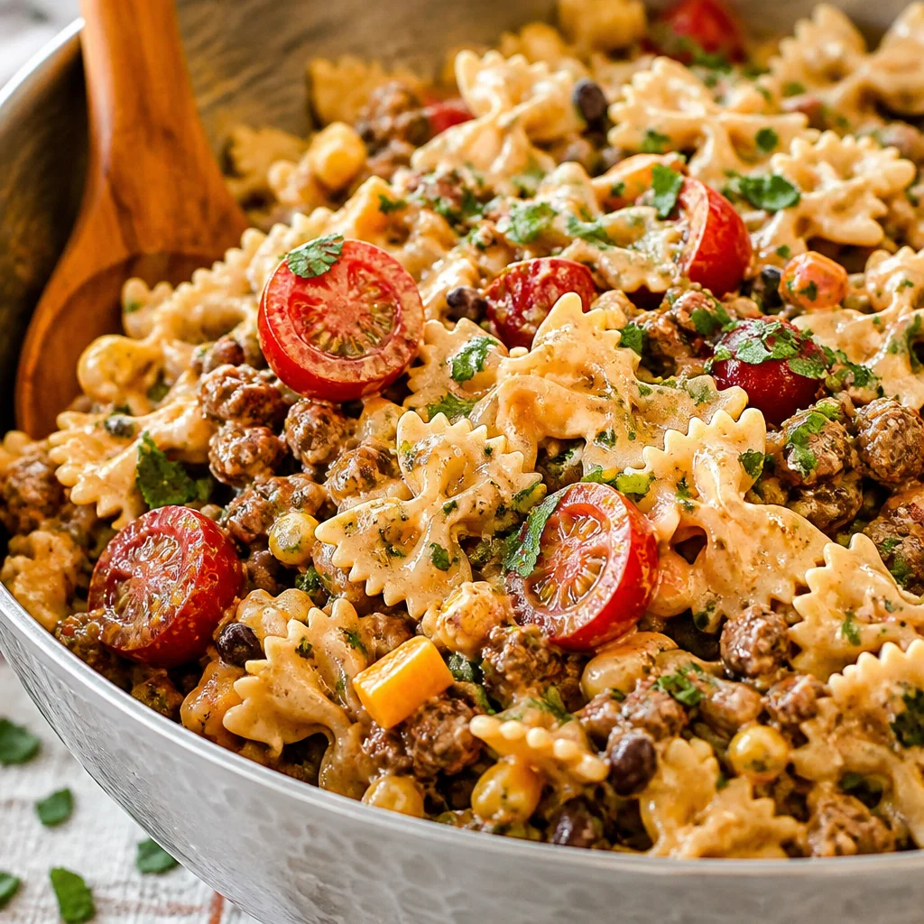 Delicious Cowboy Pasta Salad with Ranch featuring beef, bacon, cheese, and fresh veggies.