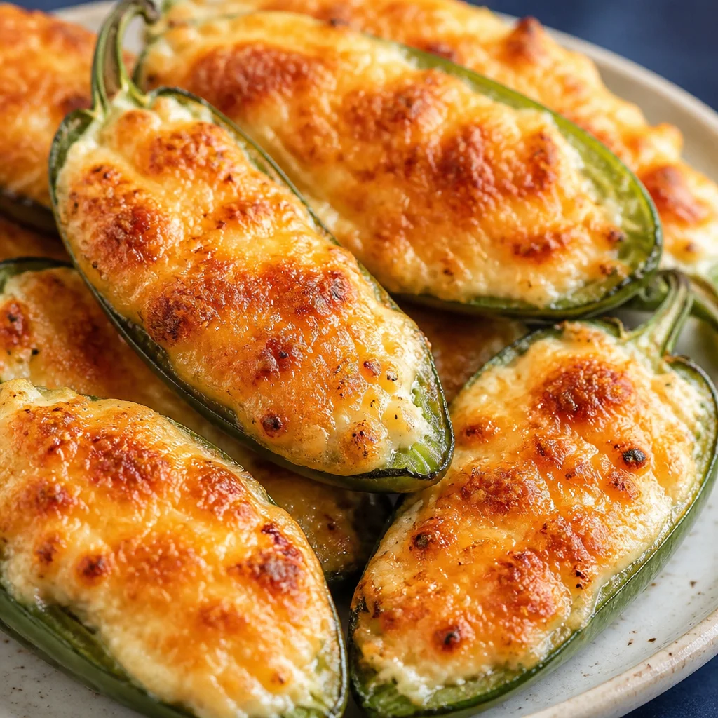 Baked Cream Cheese Stuffed Jalapeños with cheese topping on a baking sheet.