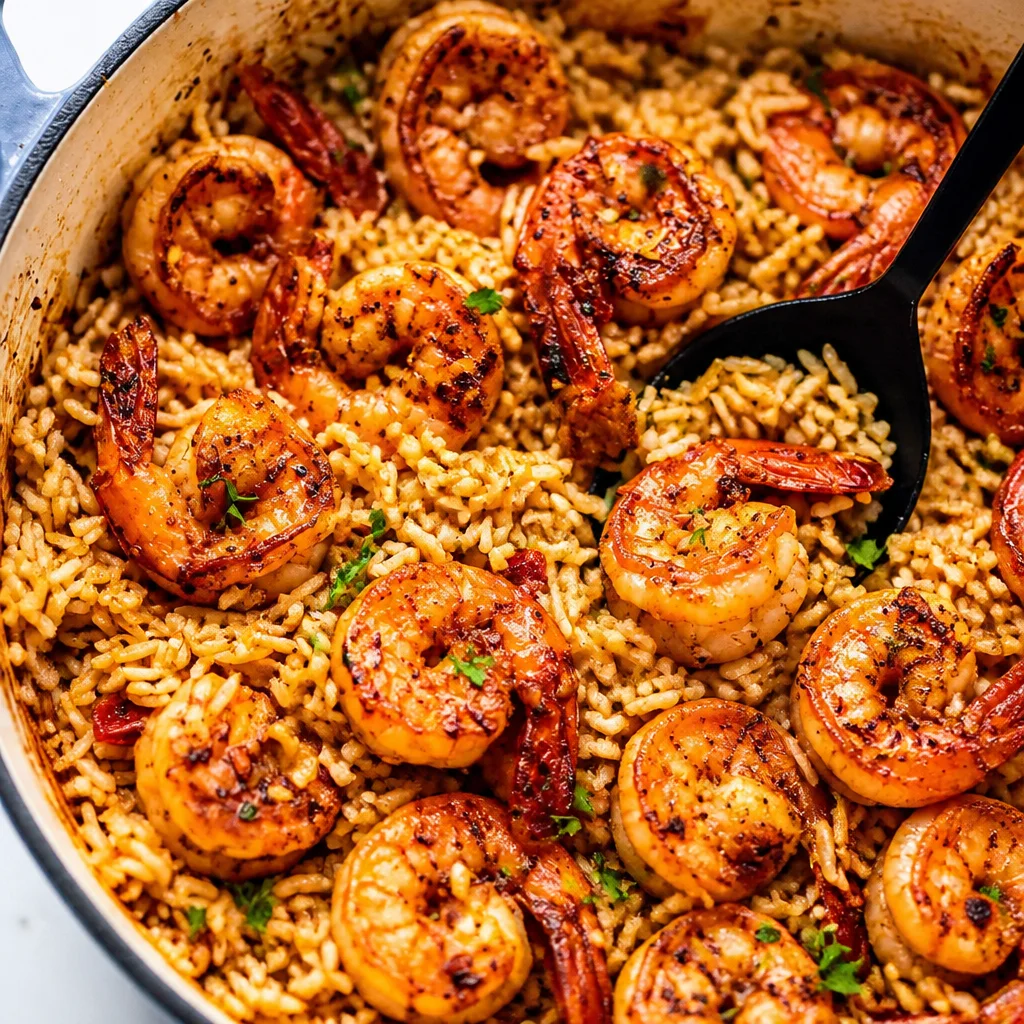Creamy Cajun Shrimp and Rice Skillet served in a bowl with fresh herbs.
