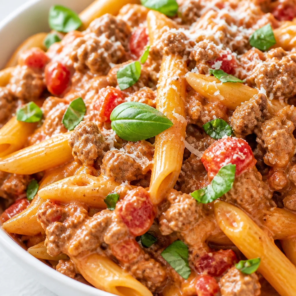Creamy Tomato Italian Sausage Pasta with parmesan and herbs in a bowl