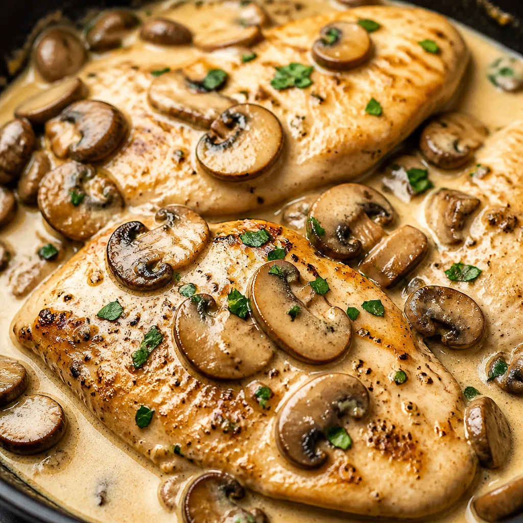 Creamy white wine chicken with mushrooms in a rich, buttery sauce.