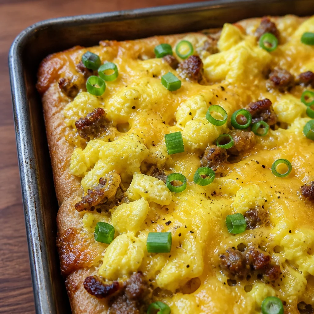 Delicious Crescent Roll Breakfast Pizza topped with eggs, sausage, and cheese.