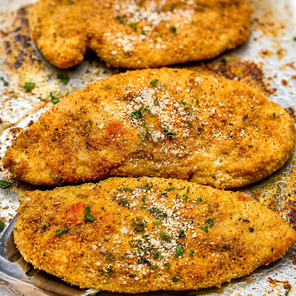 Crispy baked Parmesan crusted chicken with a golden crunchy coating on a plate.