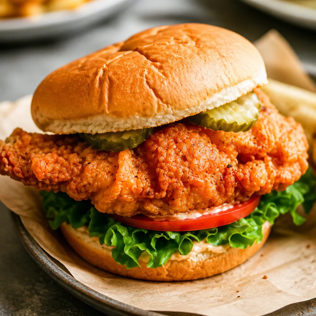 Crispy Chicken Sandwich Copycat with pickles on a brioche bun
