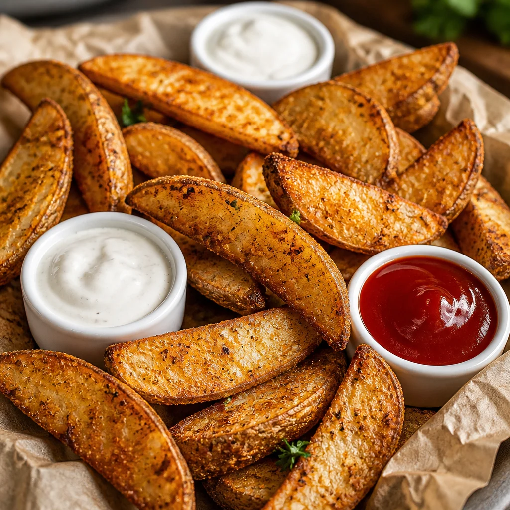 Crispy Potato Wedges with Dipping Sauce served in a bowl, garnished with herbs.