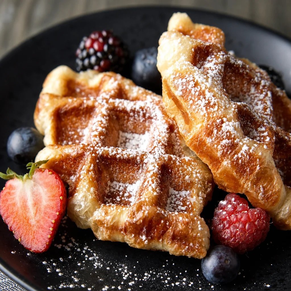 Croffles Croissant Waffles served with toppings like syrup and fruits.